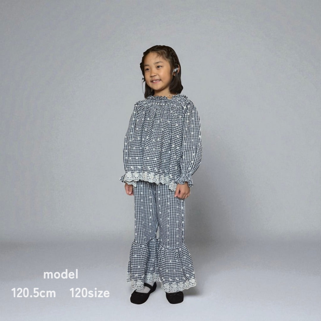 Checkered Lace Blossom set|刺繡入り女の子子供服|セットアップ