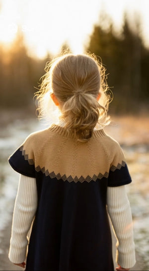 キャメルとネイビーの上品な配色が印象的な半袖ニットワンピース。秋冬のお出かけや記念日にも似合うクラシカルな1着。