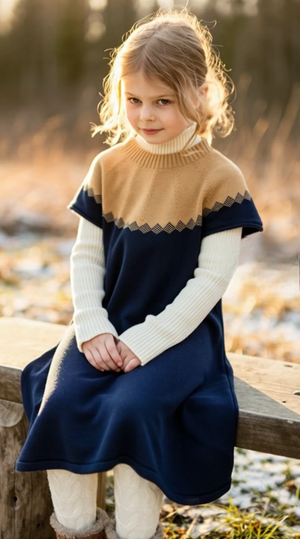 キャメルとネイビーの上品な配色が印象的な半袖ニットワンピース。秋冬のお出かけや記念日にも似合うクラシカルな1着。