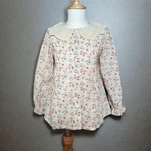 上品な花柄長袖ブラウス 女の子用 コットン素材 レースカラー付き キッズトップス