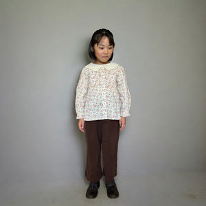 上品な花柄長袖ブラウス 女の子用 コットン素材 レースカラー付き キッズトップス