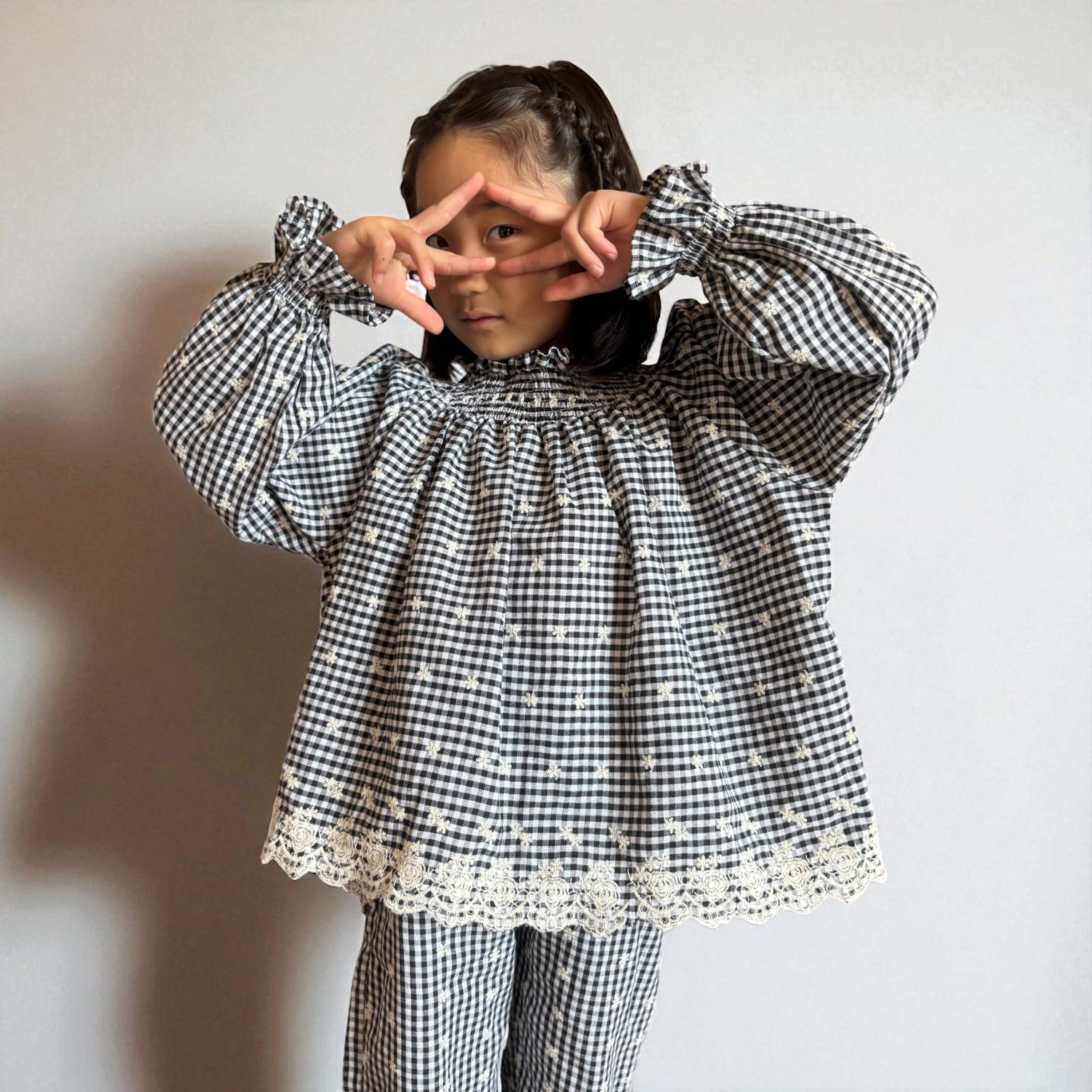 Checkered Lace Blossom set|刺繡入り女の子子供服|セットアップ