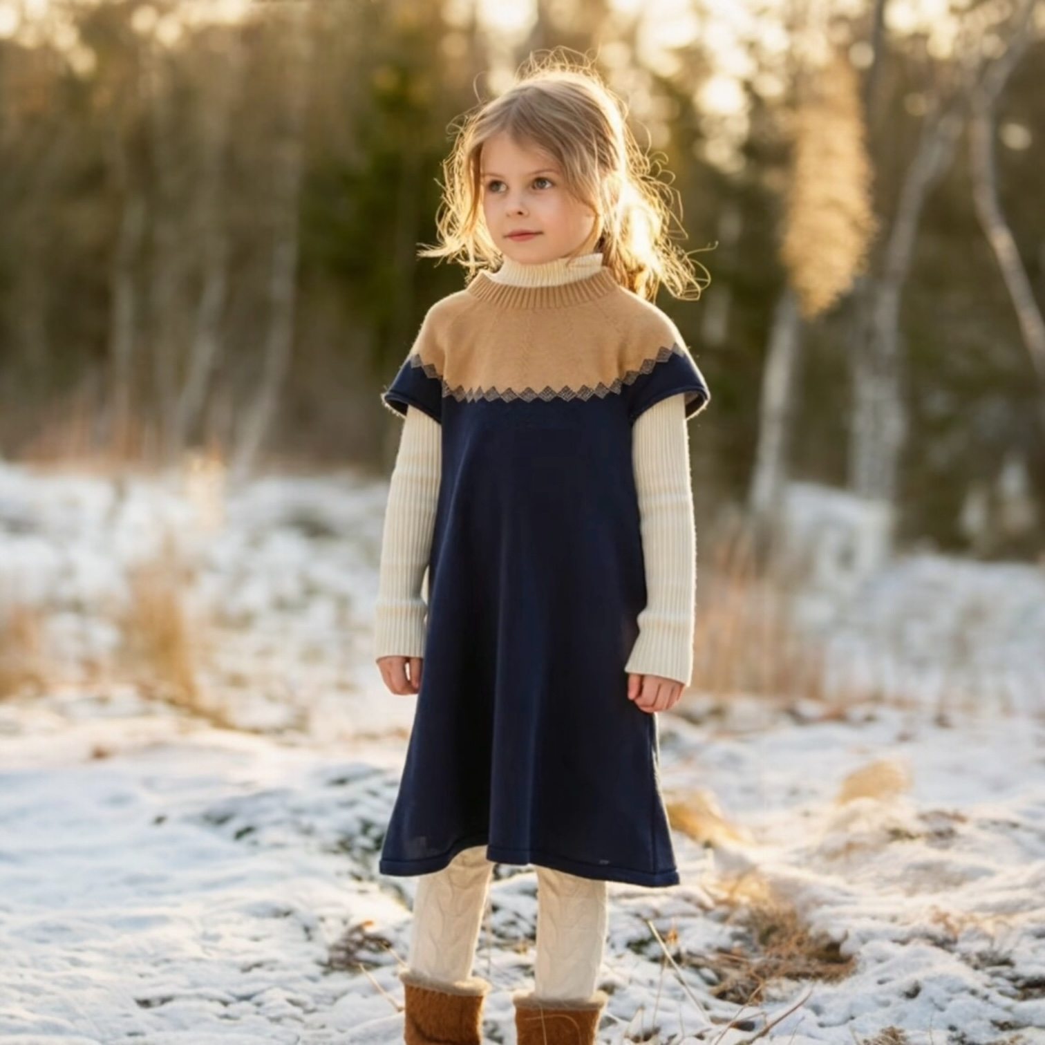 キャメルとネイビーの上品な配色が印象的な半袖ニットワンピース。秋冬のお出かけや記念日にも似合うクラシカルな1着。