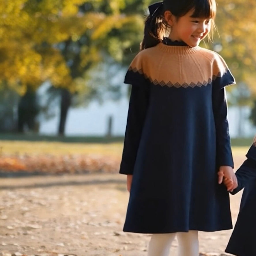 キャメルとネイビーの上品な配色が印象的な半袖ニットワンピース。秋冬のお出かけや記念日にも似合うクラシカルな1着。