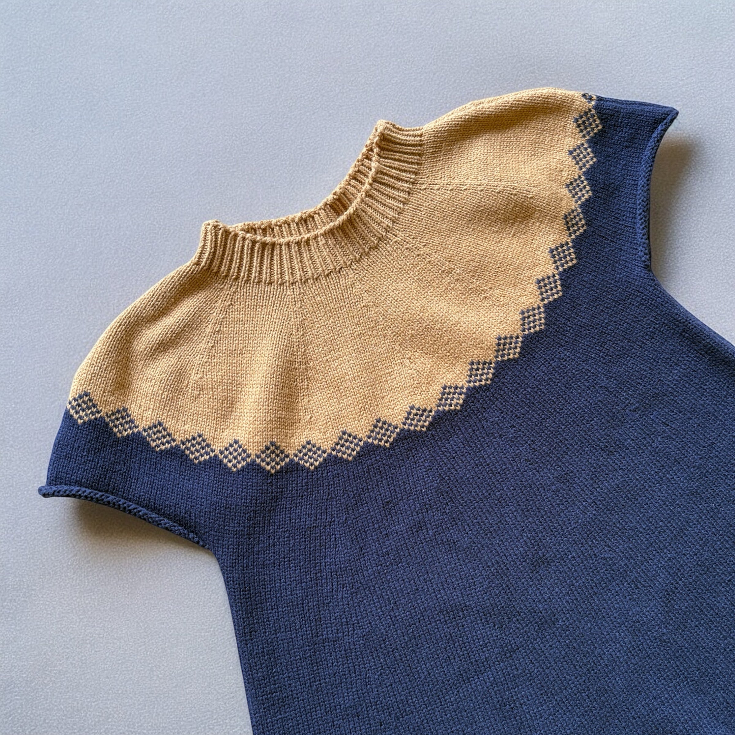 キャメルとネイビーの上品な配色が印象的な半袖ニットワンピース。秋冬のお出かけや記念日にも似合うクラシカルな1着。