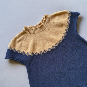 キャメルとネイビーの上品な配色が印象的な半袖ニットワンピース。秋冬のお出かけや記念日にも似合うクラシカルな1着。